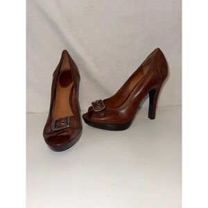 Frye Gail Pump Cognac Brown Leather Peep Toe Buckle Platform Heels 73783